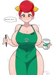 1girls apron brawl_stars breasts_bigger_than_head coffee_cup female female_focus female_only head_scarf i_mean_breast_milk iced_latte_with_breast_milk light-skinned_female naked_apron naked_female pam_(brawl_stars) red_hair roixy_nsfw solo solo_female solo_focus starbucks wide_hips