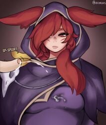 cloak cum cum_splatter cum_stain cumshot fully_clothed_female league_of_legends ocerius onomatopoeia red_eyes red_hair signature small_penis tagme white_skin xayah