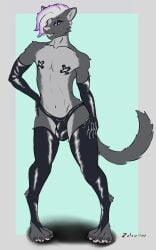 anthro anthro_only armwear balls bulge clothing domestic_cat felid feline felis genitals hand_on_hip hand_on_leg hand_on_thigh hi_res latex latex_armwear latex_clothing latex_legwear legwear looking_at_viewer male mammal pasties pupils purple_eyes slit_pupils smile solo zulu_uwu