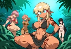 4girls ai_generated big_breasts black_hair blonde_hair dark-skinned_female dark_skin elf elf_ears elf_female group large_breasts light_skin mullon multiple_girls novelai original squatting tribal tribal_markings tribal_tattoo