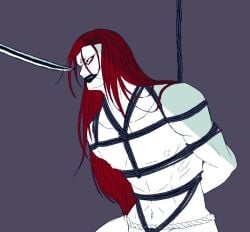 1boy black+lips bondage bound genpei_tōma_den long_hair male male_only nipples red_hair sword taira_no_kagekiyo white_skin