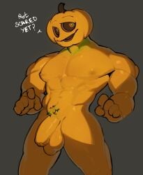 1boy 2024 abs balls elemental_creature english english_text flaccid flaccid_penis halloween hi_res holidays jack-o'-lantern kogito looking_at_viewer male_only muscular muscular_arms muscular_thighs navel nipples non-human non-human_only nude nude_male object_head orange_body pecs penis pubes pubic_hair pumpkin sagging_balls simple_background smile smiling solo testicles text uncut vein veiny_penis