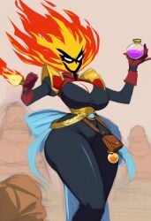 1girls bbw black_body bright_eyes colored_skin eyes_only faceless flaming_hair fpouch huge_breasts milf not_porn phoenix potion_bottle pouch robe sfw ssorted wide_hips witch