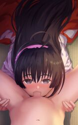 1boy black_hair blush censored commentary_request fellatio female grey_eyes hairband hakama japanese_clothes kimono long_hair looking_at_viewer mochizuki_ayako mosaic_censoring nige_jouzu_no_wakagimi nzz oral pink_hairband pov straight tatami white_kimono