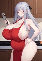 ai_generated ak-12_(girls'_frontline) apron areola_slip areolae bangs bare_shoulders blush breasts cleavage closed_eyes closed_mouth covered_nipples eonsang_(style) female gigantic_breasts girls'_frontline hair_ribbon hand_on_hip holding holding_object huge_areolae incest_pregnancy indoors kitchen long_hair naked_apron pregnant ribbon self_upload sideboob sidelocks silver_hair smile spatula thick_thighs thighs very_long_hair