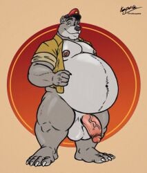 2022 anthro areola balls baloo bear belly big_belly claws clothed clothing disney fur genitals half-closed_eyes hat headgear headwear hi_res humanoid_genitalia humanoid_penis husky2paws jacket looking_at_viewer male male_only mammal moobs mostly_nude mouth_closed narrowed_eyes navel nipples obese obese_anthro obese_male open_clothing open_jacket open_topwear overweight overweight_anthro overweight_male penis signature smile smiling_at_another smiling_at_viewer smirk solo standing talespin the_jungle_book topwear vein veiny_penis