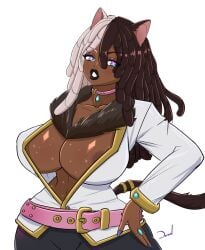 animal_ears areolae belt belt_buckle big_breasts black_lips black_lipstick blazer cat_ears cat_tail catgirl choker cleavage commission dark-skinned_female dark_skin dazol esmeray huge_breasts humanoid jewelry large_breasts lipstick long_hair looking_at_viewer mostly_clothed multicolored_hair nail_polish nails original_character tagme toned_female