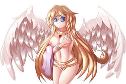 angel angel_wings blonde_hair blue_eyes breasts cleavage ecstasy feathers female goddess hand_on_own_chest ilias jewelry large_breasts long_hair looking_at_viewer lots_of_jewelry mon-musu_quest! monster_girl_quest nipples nude pussy simple_background smile solo tiara wings