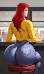 1girls ai_generated big_ass blue_eyes boots bubble_butt burger female huge_butt jeans large_breasts long_hair looking_back lustylewdz marvel marvel_comics mary_jane_watson more_at_source pawg public red_hair sitting sitting_on_seat solo solo_female source spider-man_(series) sweater thick_thighs