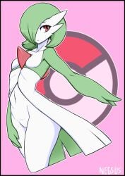 artist_name bob_cut cleft_of_venus colored_skin dress female gardevoir green_hair green_skin highres multicolored_skin navel negsus pink_background pink_eyes poke_ball_symbol pokemon pokemon_(creature) pussy two-tone_skin white_dress white_skin