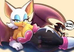 1boy 1girls anthro bat bedroom_eyes big_breasts breasts clothing female furry gloves hand_on_hip mammal membrane_(anatomy) membranous_wings provocative rouge_the_bat seductive shadow_the_hedgehog sonic_(series) sonic_the_hedgehog_(series) tagme thick_ass thick_hips thick_thighs voluptuous wide_hips wings