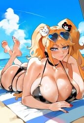 1girls ai_generated beach bikini black_bikini curvy danganronpa huge_ass huge_breasts imminent_sex junko_enoshima looking_at_viewer lounging lying_on_stomach novelai sunbathing sunglasses thiccwithaq_(ai_style)