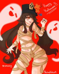 black_nails brown_hair censored censored_nipples censored_pussy genshin_impact halloween halloween_costume halloween_theme hu_tao_(genshin_impact) mummy mummy_costume nails_painted red_eyes skinny small_boobs small_breasts spooktober