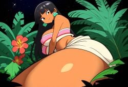 1girls ai_generated big_breasts black_hair chel chel_(the_road_to_el_dorado) dark-skinned_female dark_skin dreamworks female from_below jungle large_breasts mayan mullon night novelai the_road_to_el_dorado thick_thighs