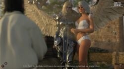 1boy 2girls 3d angel angel_wings armor baldur's_gate baldur's_gate_3 before_sex dame_aylin dungeons_and_dragons female heavy_makeup isobel_(baldur's_gate) lesbian_conversion lingerie makeup male mischievous_smile orientation_play outdoors short_hair silver_hair story story_in_picture tav_(baldur's_gate) teasing text text_box video_game video_game_character video_games white_hair whyte_knight wings