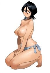 1girls alternate_breast_size annoyed ass bare_shoulders barefoot black_hair bleach blue_eyes breasts collarbone female female_focus fundoshi highres japanese_clothes kneeling kuchiki_rukia looking_at_viewer medium_breasts medium_hair nipples nude puffy_nipples shiny_skin simple_background thighs topless white_background