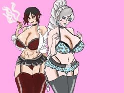 2girls ass_expansion bimbo bimbo_lips bimbofication blue_lipstick breast_expansion bubble_butt eyeliner female female_only gyaru heart_pasties heavy_makeup heels high_heels hoop_earrings large_breasts lipstick makeup mind_control obdarena red_lipstick ruby_rose rwby tagme text thong transformation two_tone_hair weiss_schnee