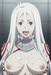 after_sex cum cum_on_breasts deadmannart female open_clothes open_mouth pale-skinned_female red_eyes shiro_(deadman_wonderland) white_hair