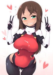 alice_gear_aegis bodysuit clothing cum dark_skin double_v female highres kaneshiya_sitara shachi_kamaboko v