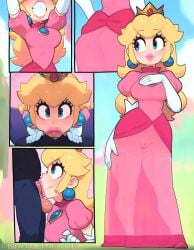 1boy 1girls ai_generated blonde_hair blue_eyes clothed clothing comic comic_page crown deepthroat dress earrings elbow_gloves fellatio female funnygrifter gloves hand_on_breast jewelry lipstick long_hair multiple_views nintendo oral oral_sex pov princess princess_peach see-through see-through_clothing side_view transparent_clothing