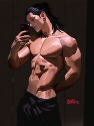 abs artistic_nude artistic_nudity bara bara_tiddies bara_tits barazoku black_hair clavicle earrings hunk jujutsu_kaisen male male_focus male_only muscular muscular_arms muscular_male no_visible_genitalia nonsexual nonsexual_nudity pecs pinup selfie selfie_pose shirtless shirtless_(male) shirtless_male six_pack solo solo_focus solo_male suguru_geto taking_picture tanned tanned_skin tasteful tasteful_nudity toned toned_body toned_male toned_stomach topless topless_male voidbringerr