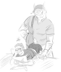 2boys adjusting_glasses blush height_difference male_only monster_sex mr_dad precum teasing uncle_samsonite