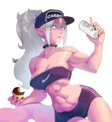 1girls abs android_21 android_21_(good) athletic_female beverage black_nails blue_eyes cupcake dragon_ball dragon_ball_fighterz dragon_ball_z female_only fit_female gym_clothes gym_shorts majin_android_21 medium_breasts monster_(beverage) muscular_arms muscular_female navel pink_skin pointy_ears ponytail six_pack solo_female tail white_hair