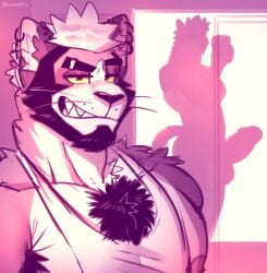 1boy anthro balls bara beard chest_tuft el_micho_(michopanq) erection eyebrow_piercing feline furry gay looking_at_viewer male male_only mammal manly michopanq muscular muscular_male penis penis_shadow pink_fur pink_hair room selfie shadow silhouette sunset