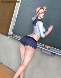 3d against_wall ass back blonde_hair blue_eyes classroom curvy female hairband hips huge_ass legs looking_at_viewer resident_evil resident_evil_6 school_uniform sherry_birkin short_hair shorts sideboob skirt smile solo student the_majestic thick_thighs thighs wide_hips