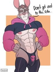 2024 abs absurd_res anthro blush clothing dialogue english_text hi_res hoodie hugetherabbit lagomorph leporid male male_only mammal meme meme_clothing moschythehyena muscular muscular_male navel nipples pecs rabbit signature solo solo_male text thong topwear twitter_hoodie underwear