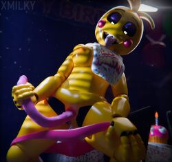 1girls 3d animatronic breasts dildo dildo_in_pussy dildo_penetration five_nights_at_freddy's five_nights_at_freddy's_2 medium_breasts nipples panties panties_down pink_panties pussy sharp_teeth solo solo_female tongue tongue_out toy_chica_(fnaf) vagina x3milky yellow_body