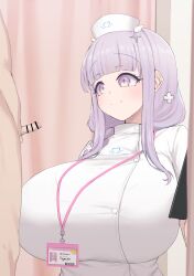 1boy 1girl absurdres azur_lane bar_censor breasts censored clipboard commentary_request gloves happy heart hetero highres holding holding_clipboard infirmary large_breasts name_tag noe_(ppppriver) nurse open_mouth pen penis plymouth_(an_angelic_physical)_(azur_lane) plymouth_(azur_lane) purple_eyes small_penis smile tag white_gloves