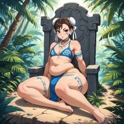 1boy ai_generated blue_nails bone_necklace bra brown_hair bulge chun-li earrings femboy girly huge_butt huge_hips jungle loincloth male necklace plump scorpyfemboy sexy.ai solo street_fighter thick_thighs throne tribal tribal_clothing tribal_jewelry tribal_paint tribal_tattoo wide_hips