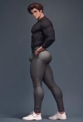 ai_generated ass ass big_ass big_butt black_shirt boy brown_hair bubble_ass bubble_butt bulge grey_pants hazel_eyes long_sleeves looking_at_viewer male pants plump_ass round_ass round_butt shirt shoes side_view sneakers tallcallipygian tcallipygian thick_thighs thighs white_shoes