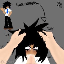 artist_kkikko64 black_hair blowjob cum_in_mouth disgusted_expression facefuck forced_oral hank_henderson huge_cock needlemouse_(series) oc questionable_consent red_eyes sonic.exe_(series)