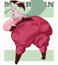 1girls ass ass_bigger_than_head bbw bottom_heavy cellulite darkstalkers from_behind green_hair head_wings hyper kafekafei leotard long_hair looking_at_viewer looking_back morrigan_aensland pantyhose succubus thick_thighs tongue_out