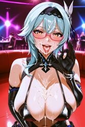 after_fellatio ai_generated bdsm_gear bdsm_outfit blush breasts cum eula_(genshin_impact) excessive_cum fellatio_gesture genshin_impact glasses huge_breasts latex nightclub nipples open_mouth shiny_skin sweat tongue_out