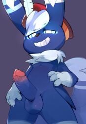 anthro balls blue_body blue_fur bodily_fluids erection fluffy fluffy_tail front_view fur generation_6_pokemon genital_fluids genitals grin hair hi_res humanoid_genitalia humanoid_penis long_ears male meowstic neck_tuft nintendo penis pokemon pokemon_(species) precum simple_background smile smite_(artist) solo standing tail tuft white_eyes white_hair