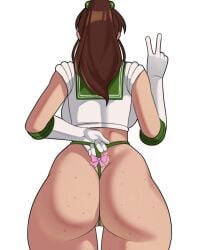 1girls ass ass_focus bishoujo_senshi_sailor_moon brown_hair cameltoe female female_only gloves hi_res jakuson_z large_ass light-skinned_female light_skin makoto_kino peace_sign sailor_jupiter solo thighs white_background wide_hips