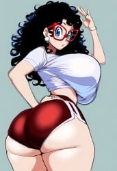 1girls ai_generated booty_shorts cindy_see curly_hair cute_face fat_ass female glasses hourglass_figure huge huge_ass huge_breasts knee_pads looking_back p pads plump red_frame_glasses solo ssktch t-shirt thick_ass