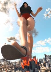 1girls 3d 3d_(artwork) big_breasts black_hair black_hair_female breasts city city_destruction clothed clothed_female destruction female female_focus female_only flip_flops giantess giga_giantess huge_boobs huge_breasts light-skinned_female light_skin meiirii sandals solo solo_female solo_focus thick_thighs thighs