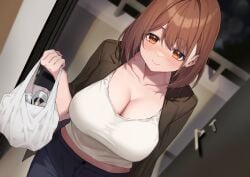 1girls absurd_res bag beer_can big_breasts black_jacket black_pants blush breasts brown_eyes brown_hair can cleavage closed_mouth collarbone door doorway drink_can hair_between_eyes hi_res holding holding_bag jacket looking_at_viewer medium_hair original pants railing shirt sidelocks smile solo source_request standing udon_(udonalium) white_shirt