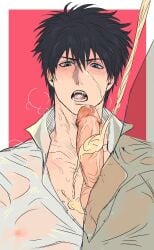 2boys black_hair blush cum cum_in_mouth erection food food_play gay gintama gintoki_sakata hijikata_toshiro looking_at_penis male male_only mayonnaise open_mouth oral penis popped_collar sapomu4 solo_focus suggestive_fluid sweat uncensored wet_clothes yaoi