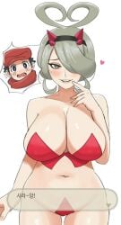 1boy 1girls alternate_breast_size bikini cogita_(pokemon) cosplay enamorus_(cosplay) female gigobyte350 gilf huge_breasts human human_only light-skinned_female light-skinned_male light_skin lustful_gaze male nintendo old_woman pokemon pokemon_(cosplay) pokemon_legends:_arceus rei_(pokemon)