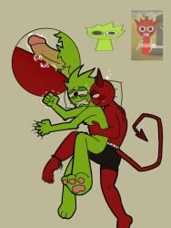 2boys demon_horns flat_colors fuck_ai gay green_fur green_skin incredibox_mod knee_between_legs lime_(sprunki) male_only not_ai_generated owakcx_(sprunki) pawpads raddy_(sprunki) red_(sprunki) red_skin rubbing sprunki teasing underwear