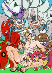 1boy abs ambiguous_gender ariados coconut drink erection feet full_body glasses golisopod guzma_(pokemon) human insect looking_at_viewer male_focus masquerain muscular nintendo nipples nude open_toe_shoes penis pinsir poke_ball pokemon pokemon_sm presenting pubic_hair sandals scizor short_hair silver_hair sitting size_difference smile spider tan tanline tanlines testicles toes