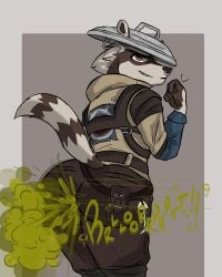 anthro ass big_ass clothed clothing digital_drawing_(artwork) digital_media_(artwork) fart fart_cloud fart_fetish farting fish_bone fortnite furry gas gassy gear grin headwear looking_at_viewer looking_back nose_ring odka pants raccoon rear_view rufus_(fortnite) smelly topwear trash_can_lid video_games