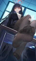 1girls 2025 black_hair black_stockings blue_archive bm364364 disgusted feet feet_up foot_fetish hi_res legwear looking_at_viewer low-angle_view pov red_eyes sitting solo stockings tagme tsukatsuki_rio