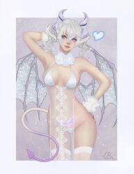 1girls balandis-meow cleavage female female_only glowing_markings glowing_tattoo heart_symbol png purple_eyes revealing_clothes skimpy_clothes stockings succubus succubus_tail succubus_tattoo succubus_wings tail tattoo thighhighs white_hair wings womb_tattoo