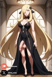 ai_generated big_breasts big_penis black_dress blonde_female blonde_hair cock colored cynthia_(pokemon) dick dress fluids futanari futanari/female grey_eyes penis pokemon sexy sexy_body sexy_pose testicles white_body white_girl white_skin